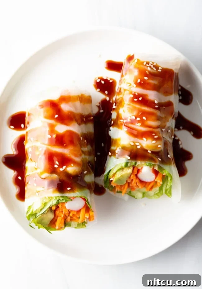 Top down two veggie spring rolls on a white plate, drizzled with brown sauce.