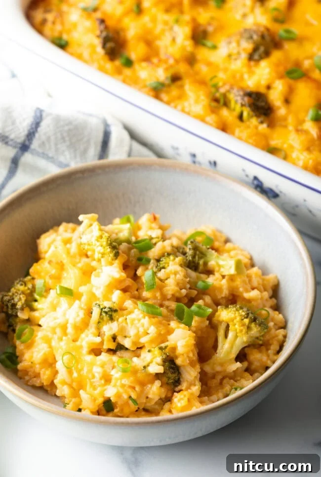 Bowl of broccoli, rice, and cheese casserole.