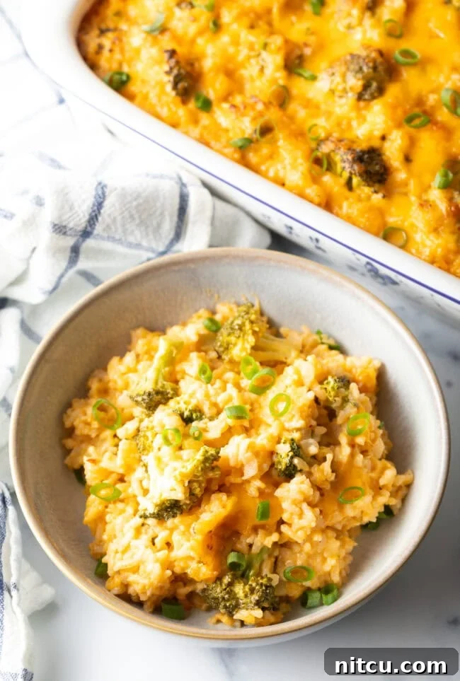 Bowl of broccoli, rice, and cheese casserole.