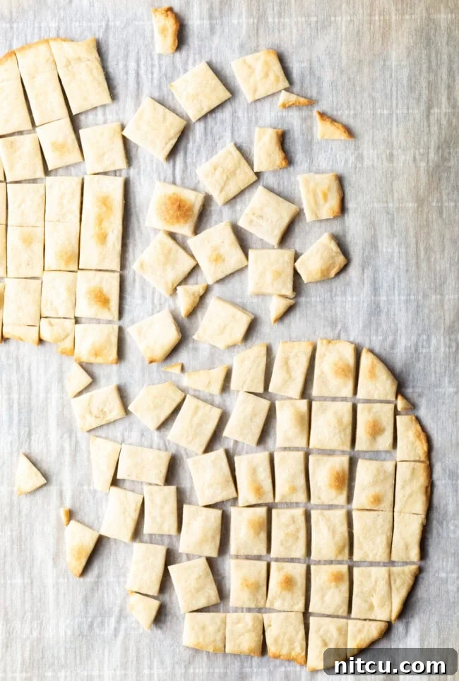 Two pieces of unleavened bread laying on a gray background. Each large oval of bread has been sliced into small squares for serving.