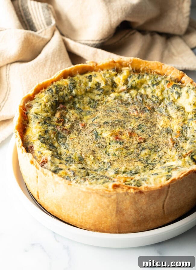 A perfectly baked deep dish veggie quiche with a golden-brown crust, presented on a pristine white round plate, showcasing its rustic elegance.