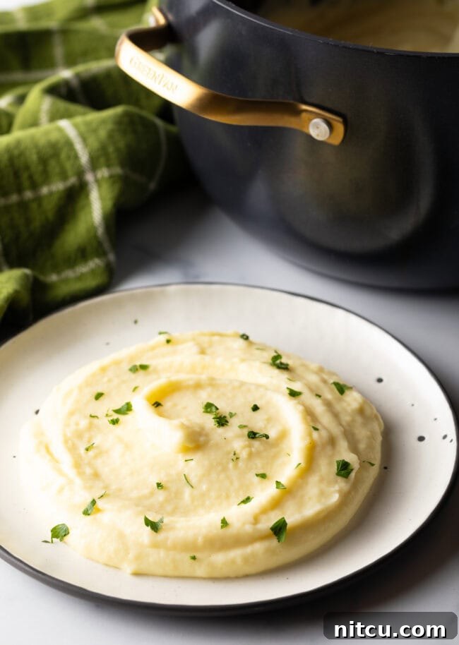White plate with serving of rich and smooth pomme puree.