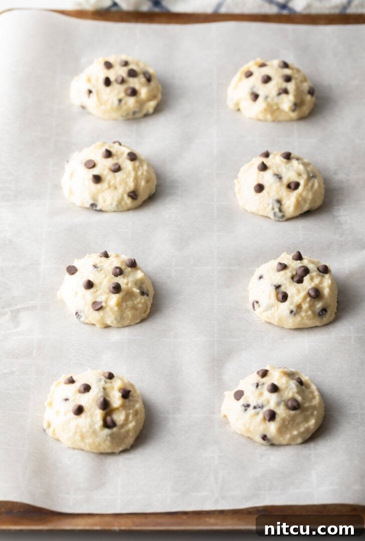 8 unbaked raw cottage cheese cookie dough cookies with chocolate chips on a baking tree.