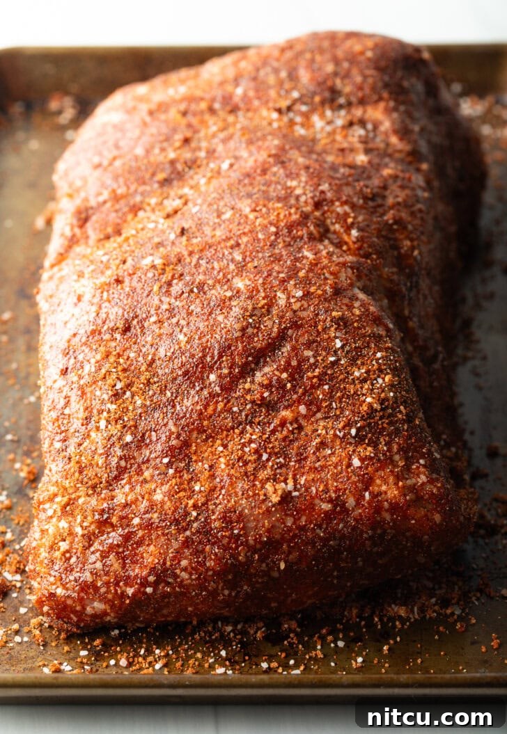 A different view of the raw pork shoulder, fully coated in mayonnaise and a heavy sprinkling of the dry spice rub, showcasing the even coverage.