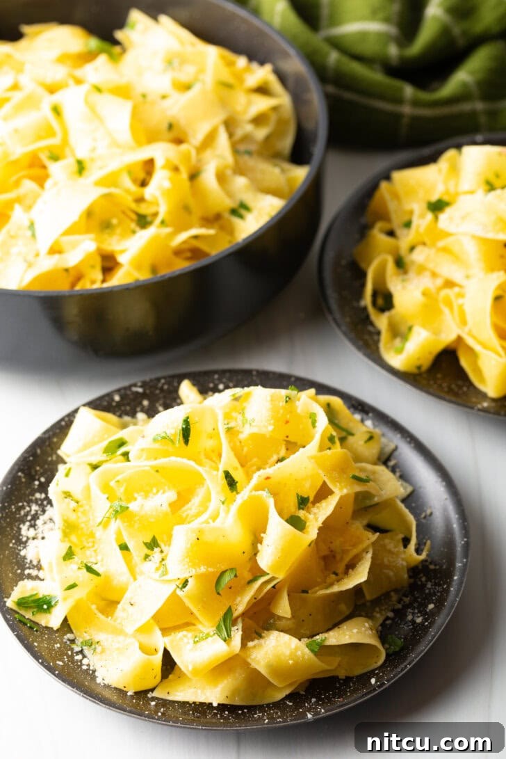 Top down view of a black bowl loaded with wide pappardelle pasta topped with fresh herbs and grated parmesan cheese.