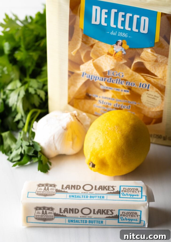 Recipe ingredients: Stick of butter, whole lemon, whole head of garlic, fresh parsley, package of pappardelle pasta.