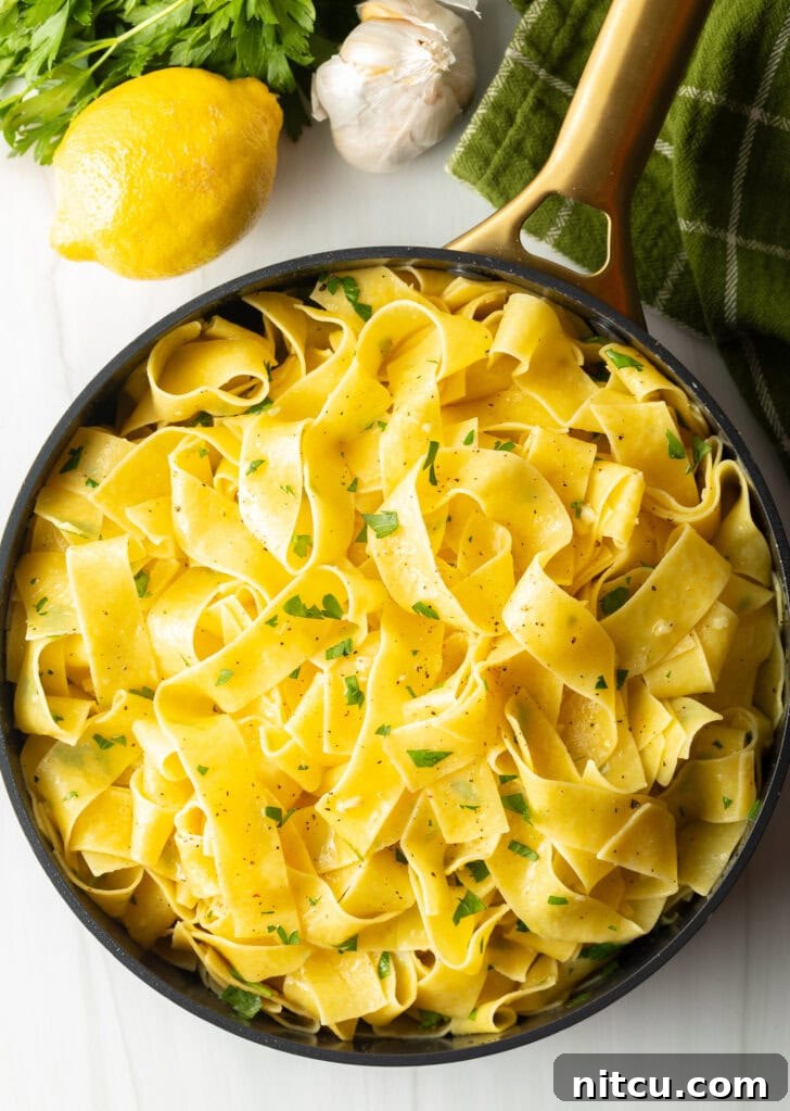 Top down view of a black bowl loaded with wide pappardelle pasta topped with fresh herbs and grated parmesan cheese.