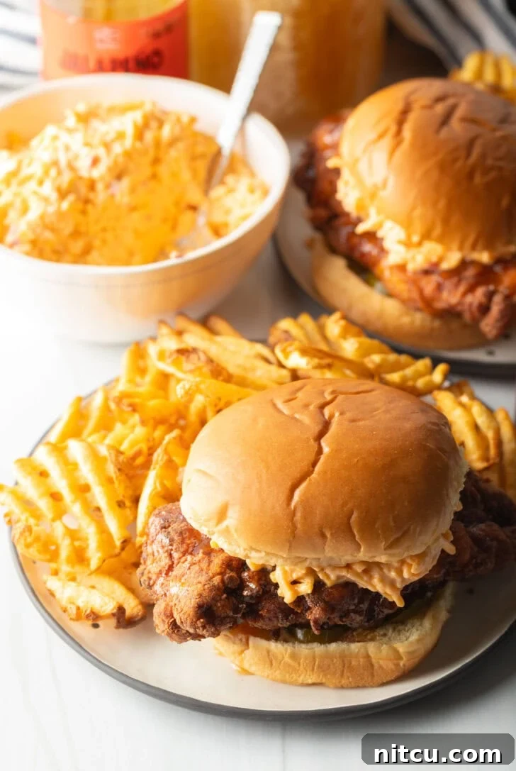 Honey pepper pimento chicken sandwich on a plate. In the background is a white bowl of pimento cheese and second sandwich with waffle fries.