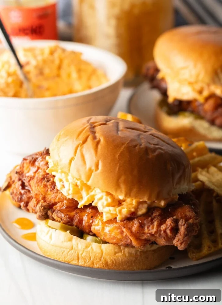 Honey pepper pimento chicken sandwich on a plate. In the background is a white bowl of pimento cheese and second sandwich with waffle fries.