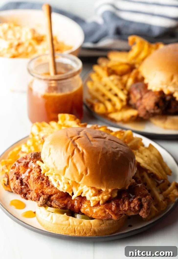 Honey pepper pimento chicken sandwich on a plate. In the background is a jar of honey, and second sandwich with waffle fries.