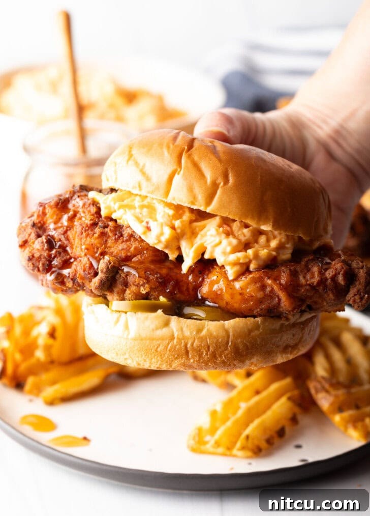 Hand holding a finished chick fil a pimento sandwich to camera.