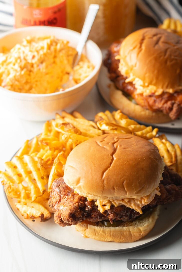 Honey pepper pimento chicken sandwich on a plate. In the background is a white bowl of pimento cheese and second sandwich with waffle fries.