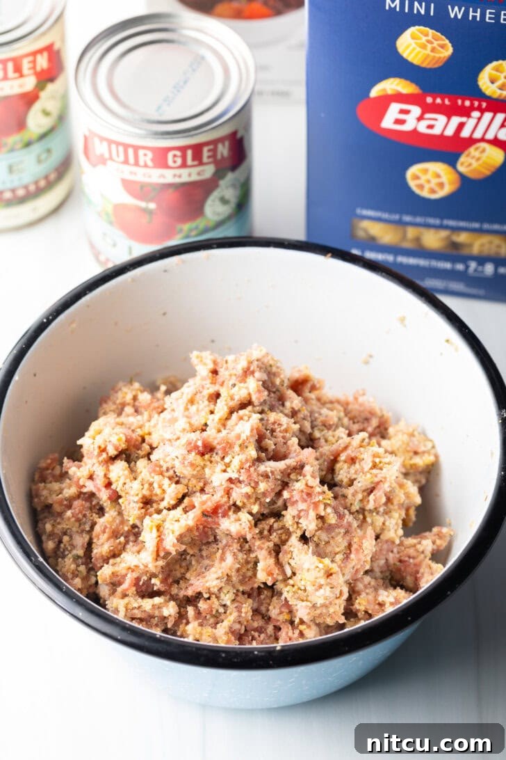Smooth raw meatball mixture in a white bowl.