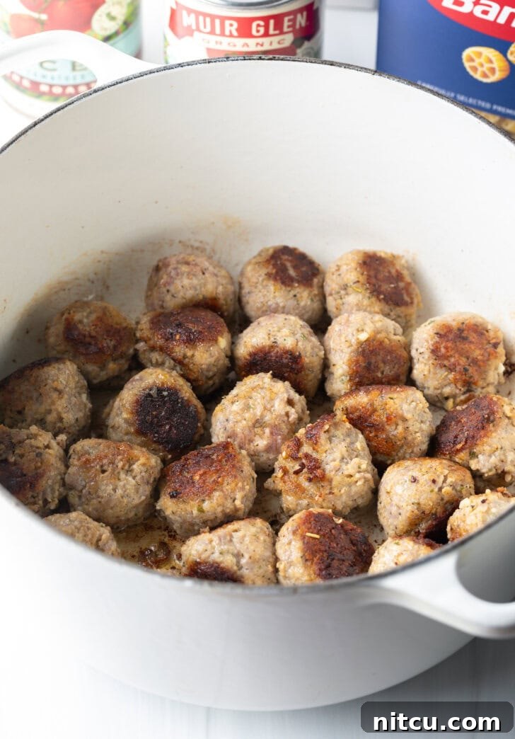 Seared meatballs in a large white soup pot.