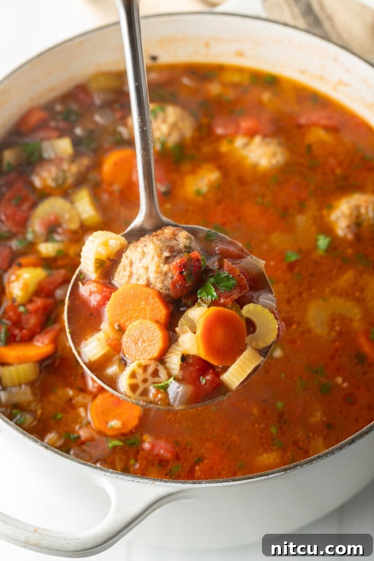 Metal ladle holding serving of soup to camera. Large white pot of soup is in the background.