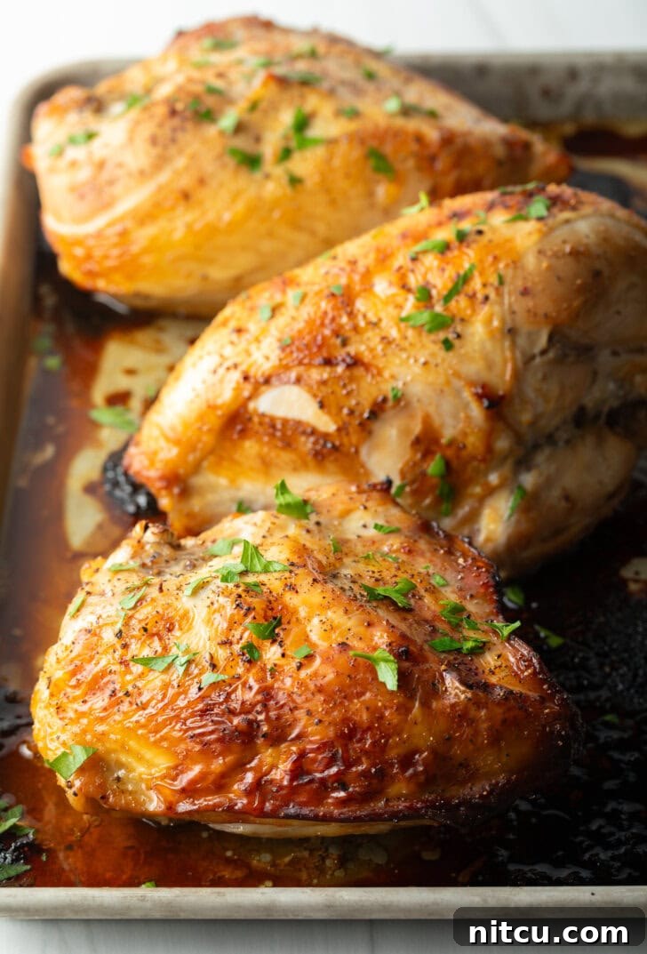 Cooked chicken breasts with a beautiful golden-brown crust, neatly arranged on a baking sheet, freshly removed from the oven or grill.