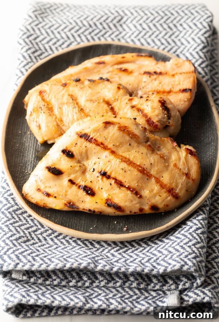 Two perfectly grilled chicken breasts, showcasing a beautiful char and golden-brown exterior, resting on a rustic gray plate, ready to be served.