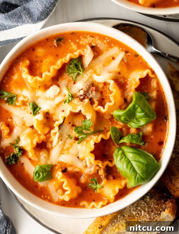 An overhead shot of a white bowl brimming with lasagna soup, elegantly garnished with two fresh basil leaves, emphasizing its rich texture and appealing presentation.