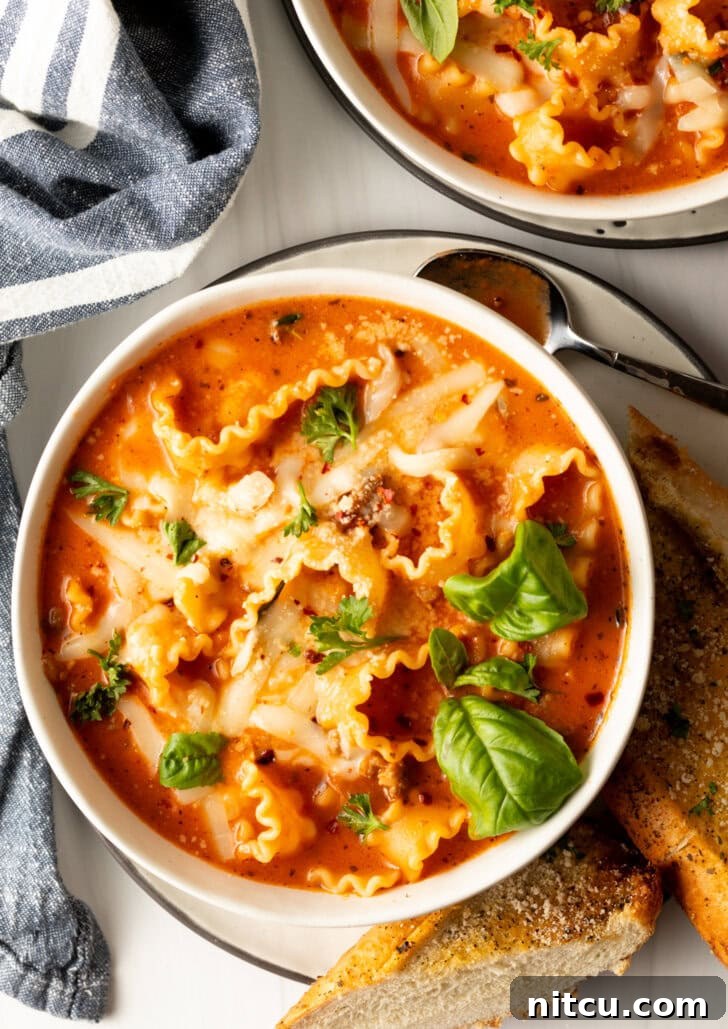An overhead view of a pristine white bowl filled with luscious lasagna soup, adorned with two fresh basil leaves, highlighting its rich texture and appetizing presentation.