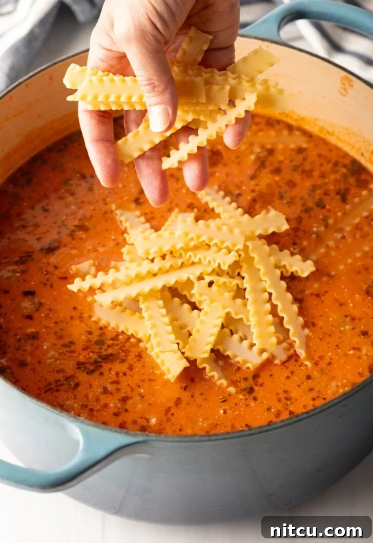A hand introduces Mafalda noodles into a pot of simmering soup with a rich tomato broth, just before adding the cream cheese.