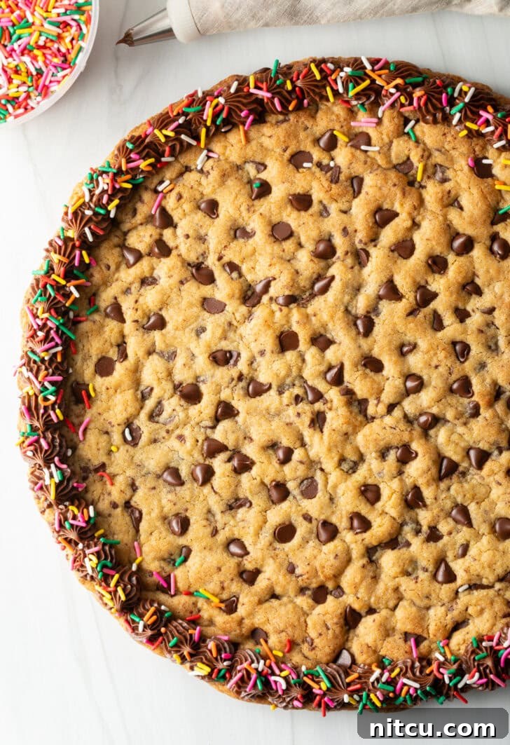 Top down view large chocolate chip cookie cake. The outside edge is piped with chocolate frosting and covered with rainbow sprinkles.