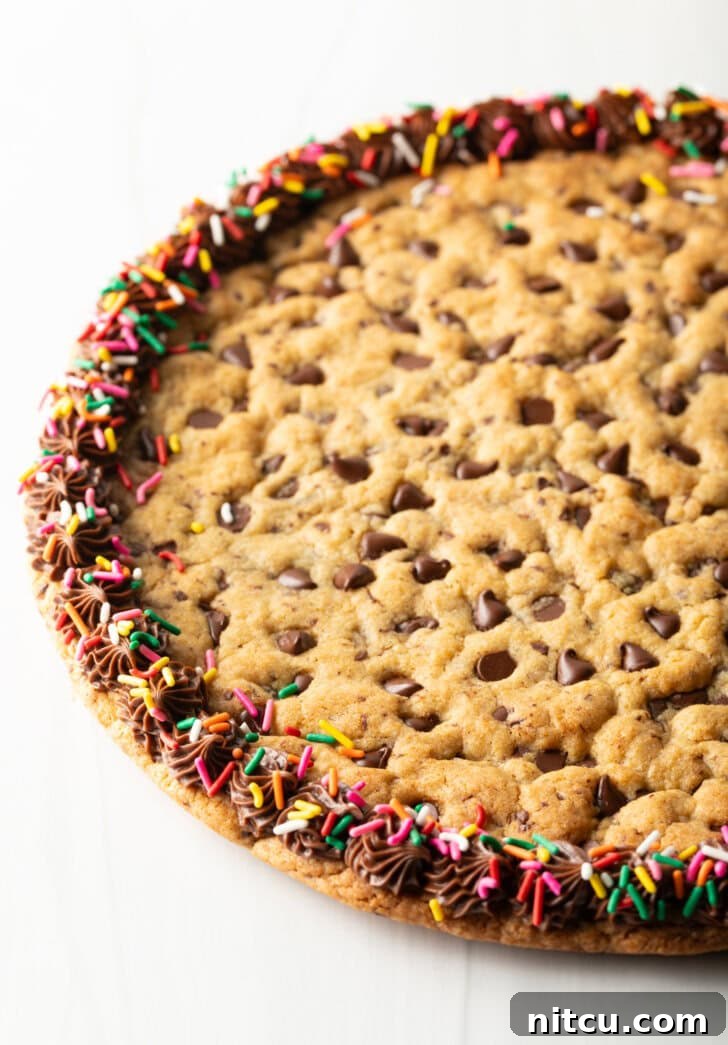 Large chocolate chip cookie cake. The outside edge is piped with chocolate frosting and covered with rainbow sprinkles.