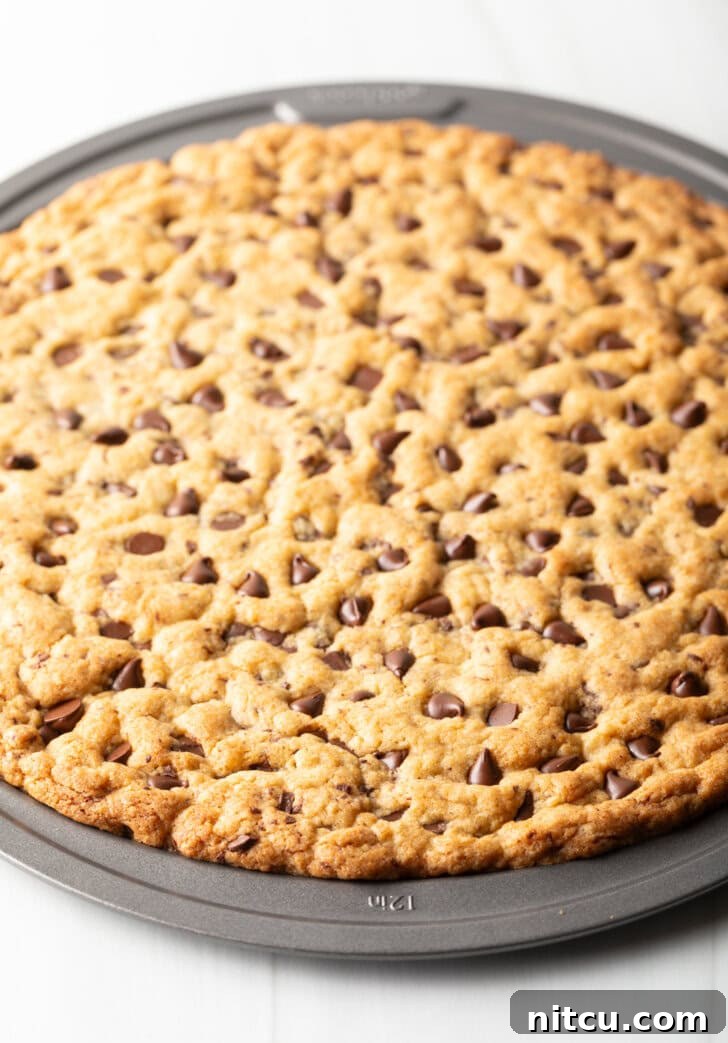 Large chocolate chip cookie cake baked in a pizza pan.