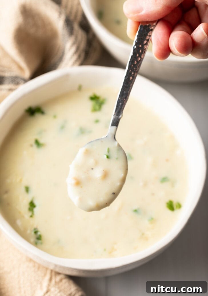 Top-down view of a white bowl filled with creamy chicken soup, garnished with fresh parsley. A metal spoon holds a spoonful for the camera.