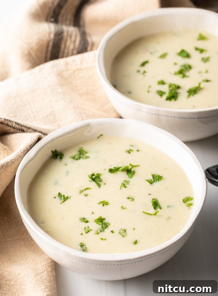 Two pristine white bowls filled with rich homemade cream of chicken soup, each beautifully garnished with freshly chopped parsley sprigs.