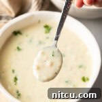 Top-down view of a white bowl with creamy chicken soup garnished with fresh parsley. A metal spoon has a spoonful showing to camera.