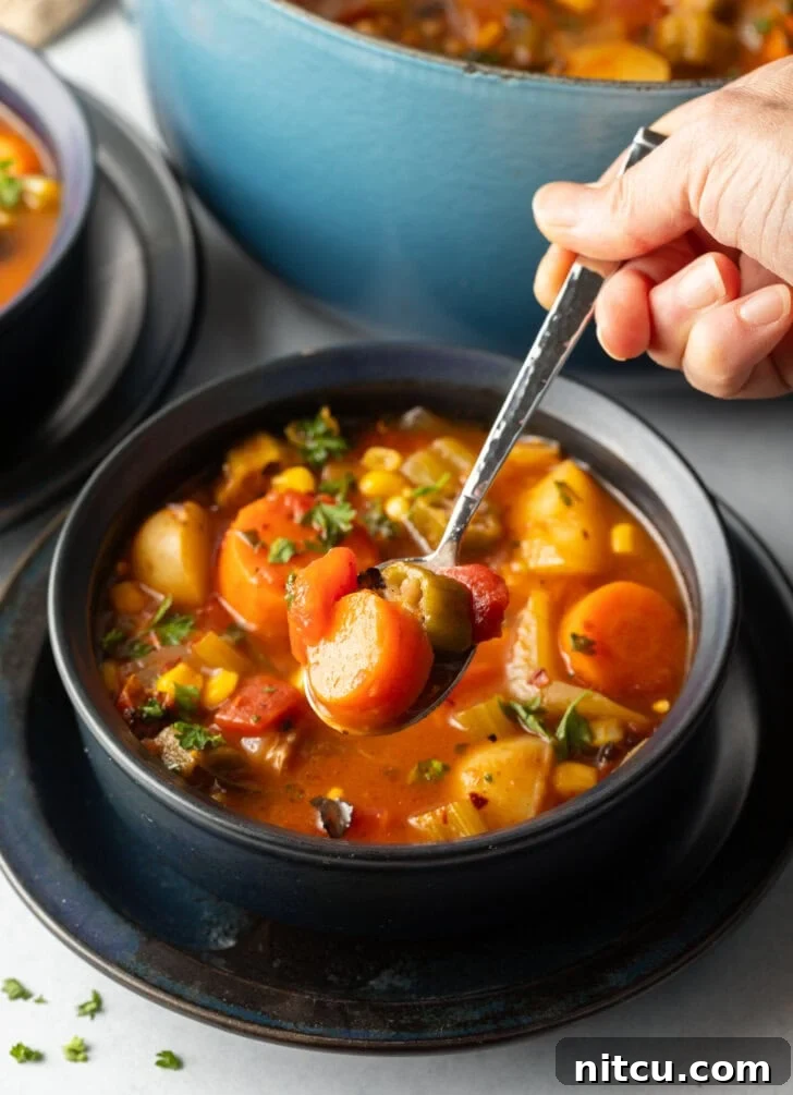 Metal spoon holding a spoonful of vegetable soup to camera over a black bowl.
