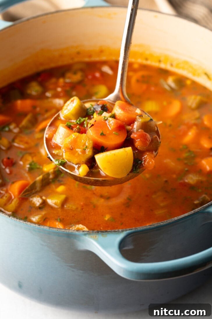 Ladle holding a serving of vegetable soup over a large cooking pot.
