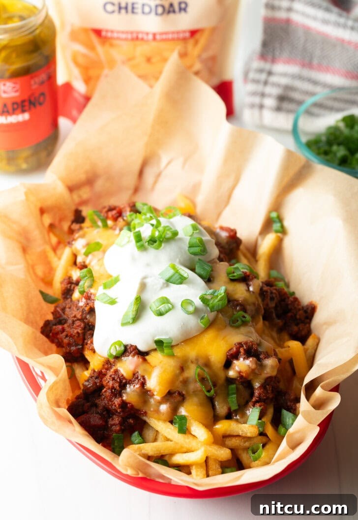 A rustic basket lined with parchment paper, showcasing crispy french fries topped with hot chili, perfectly melted cheddar cheese, creamy dollops of sour cream, and a scattering of fresh chopped green onions.