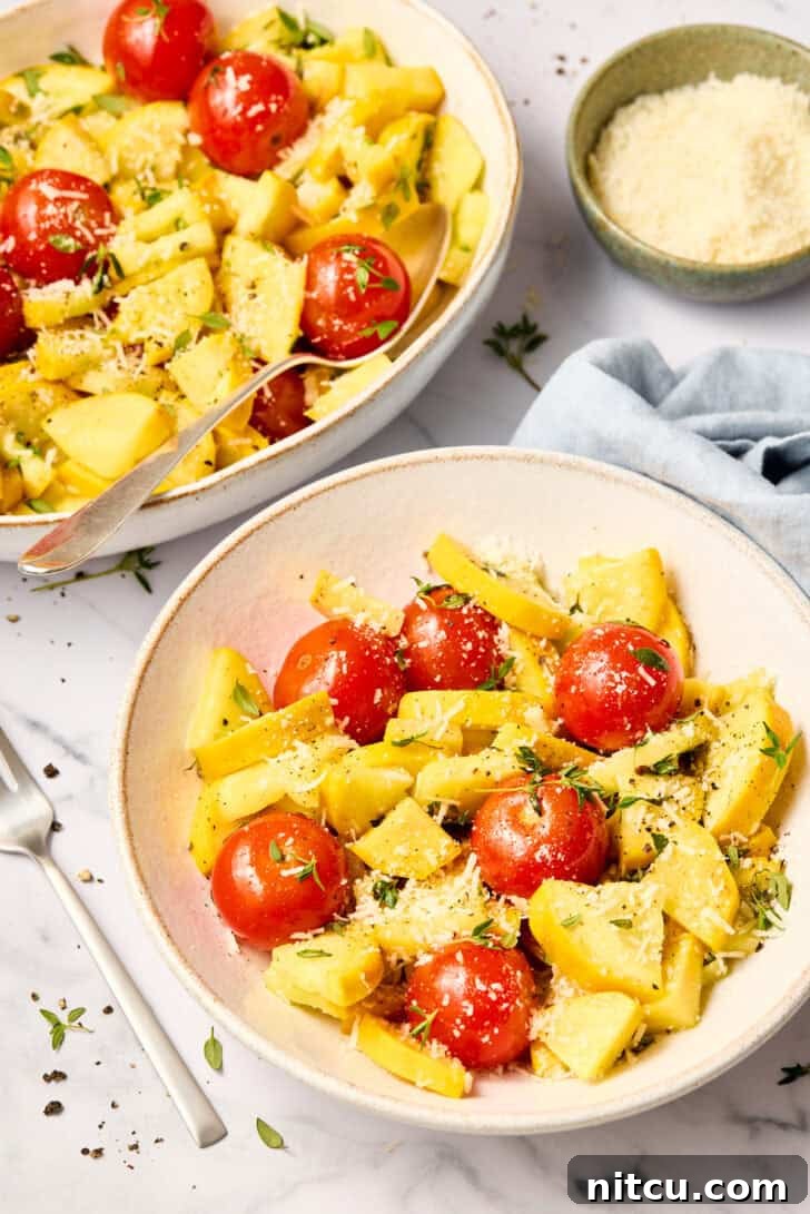 Sautéed Yellow Squash Recipe close up of tomatoes