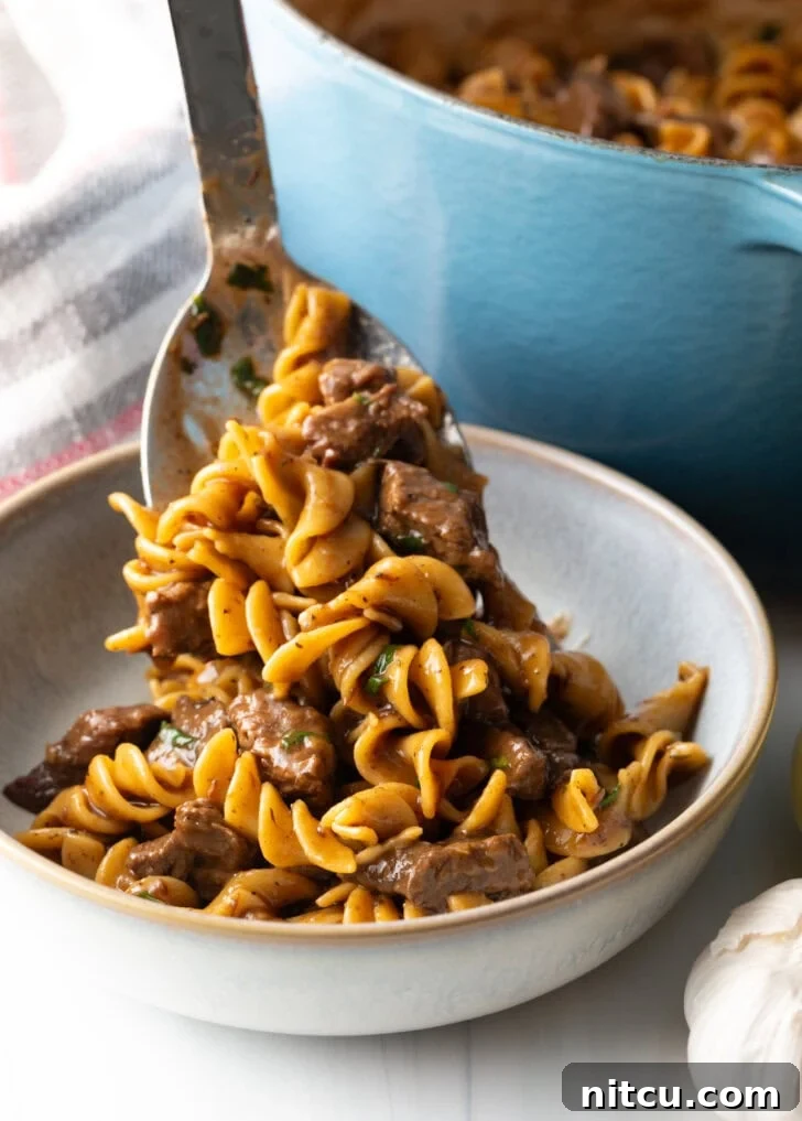 Metal spoon dishing out a generous serving of noodles with beef into a clean white bowl.