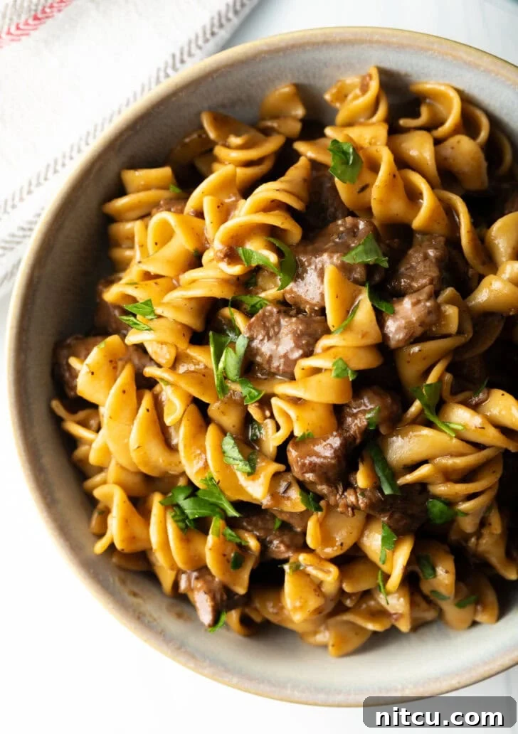 Close-up view of a white bowl filled with beef and noodles, garnished with a sprinkle of fresh chopped parsley.