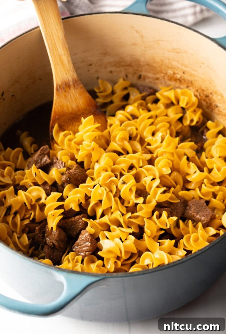 Wood spatula stirring extra-wide egg noodles into the cooking pot with tender pieces of beef.
