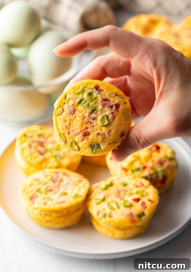 A hand holds an egg bite towards the camera, showcasing its light, fluffy texture and delicious savory fillings.