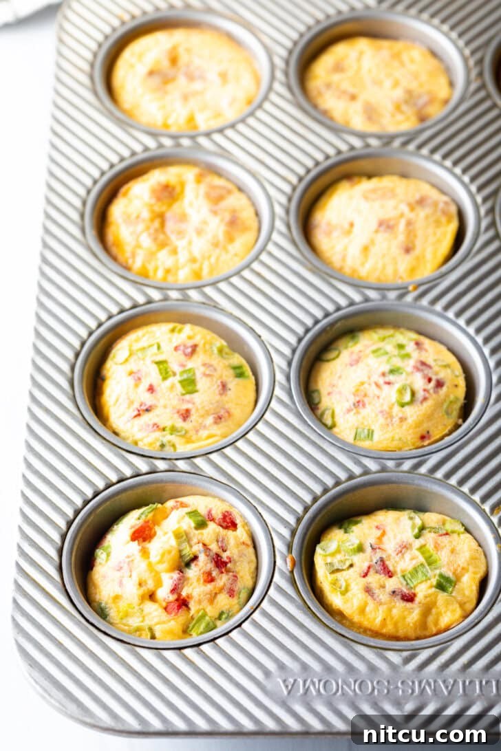 A metal muffin tin contains 12 perfectly baked and puffed egg bites, ready to be removed.