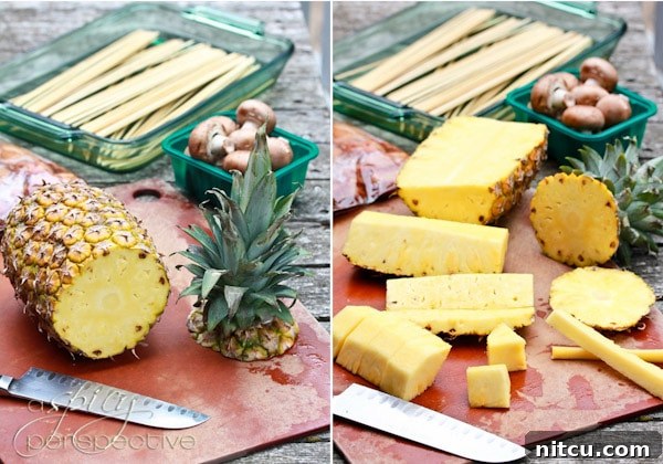 Detailed view of how to prepare and cut a fresh pineapple for skewers
