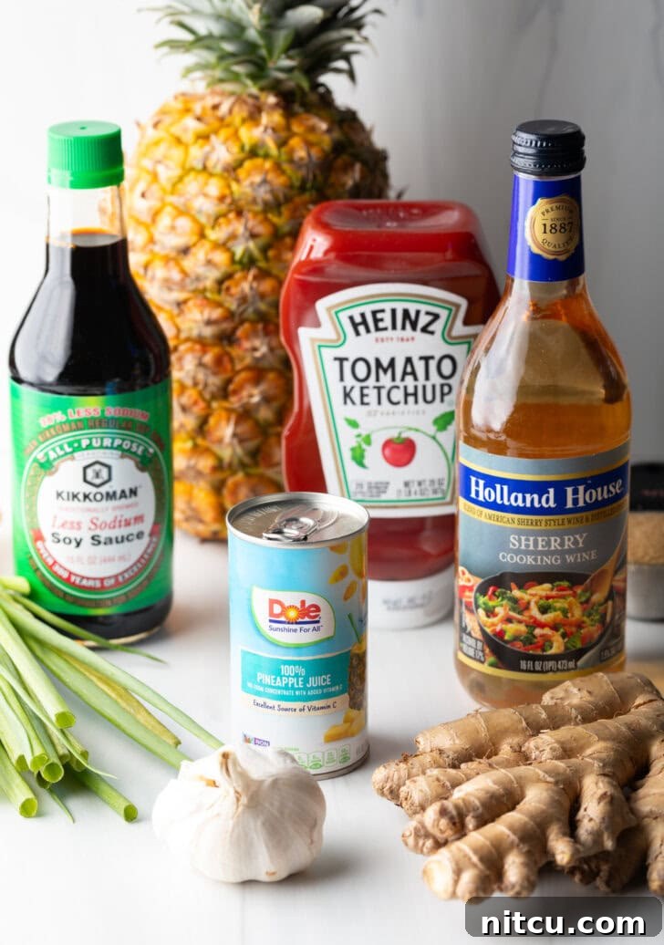 Huli huli chicken ingredients. Individual bottles of sherry, soy sauce, ketchup, pineapple juice, plus fresh ginger root, garlic bulb, and scallions laid out for the marinade.