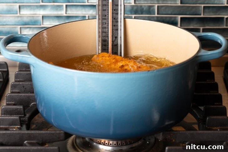 A blue cooking pot filled with hot oil, actively frying chicken pieces to a golden crisp. A thermometer is clipped to the side, diligently monitoring the oil temperature.