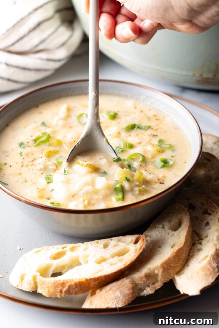 Side view of the fish chowder in a bowl, with a spoon going in for a scoop.