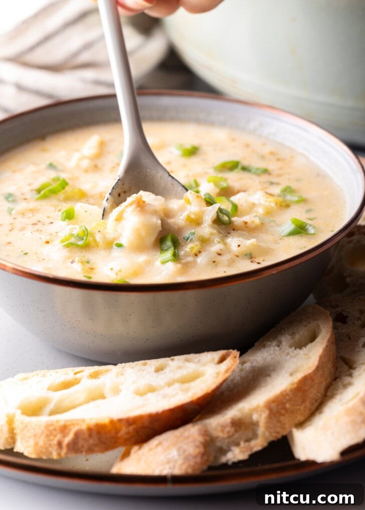 Side view of the chowder in a bowl, with a spoon going in for a scoop.