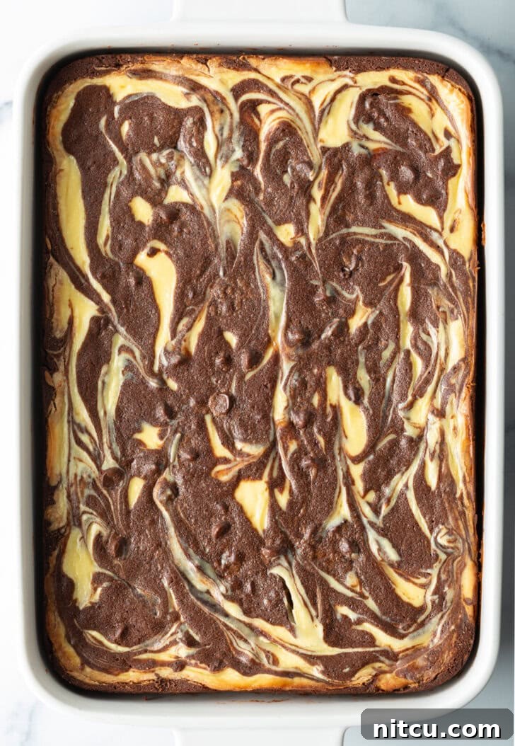Freshly baked brownies in a pan, showcasing a beautiful swirl of creamy cheesecake and rich chocolate.