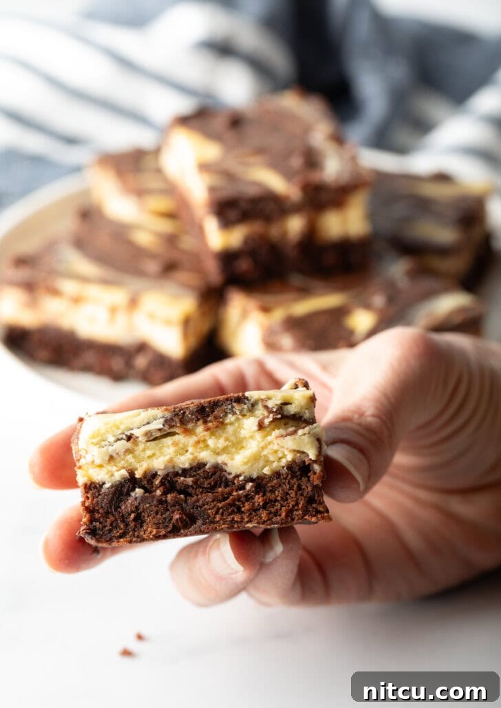 A hand holds up a delicious cheesecake brownie, with a visible bite taken out, showcasing the perfect swirl of chocolate and cream cheese.