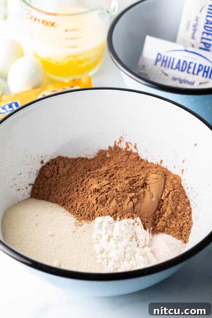 A white bowl holds a mixture of cocoa powder and other dry ingredients, ready for whisking.