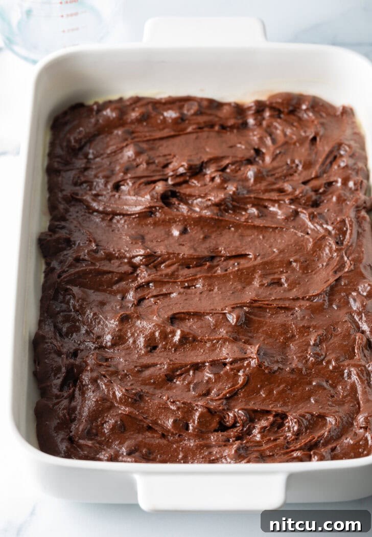 Rich brownie batter is smoothly spread across the bottom of a white rectangular baking pan, creating an even base.