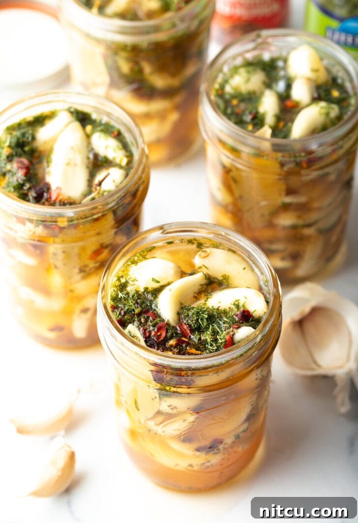Top down open glass jar stuffed with preserved garlic and herbs.