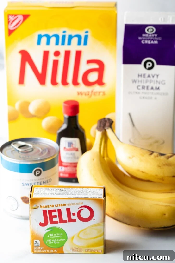 A vibrant flat lay showcasing all the essential recipe ingredients: a box of Nilla wafers, a packet of banana pudding mix, a carton of heavy cream, a bottle of vanilla extract, a can of sweetened condensed milk, and a bunch of perfectly ripe bananas.